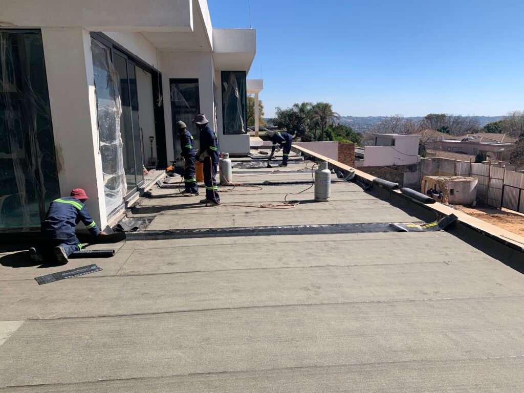 Torch-on waterproofing membrane applied to the balcony of a luxury home in Sandton.