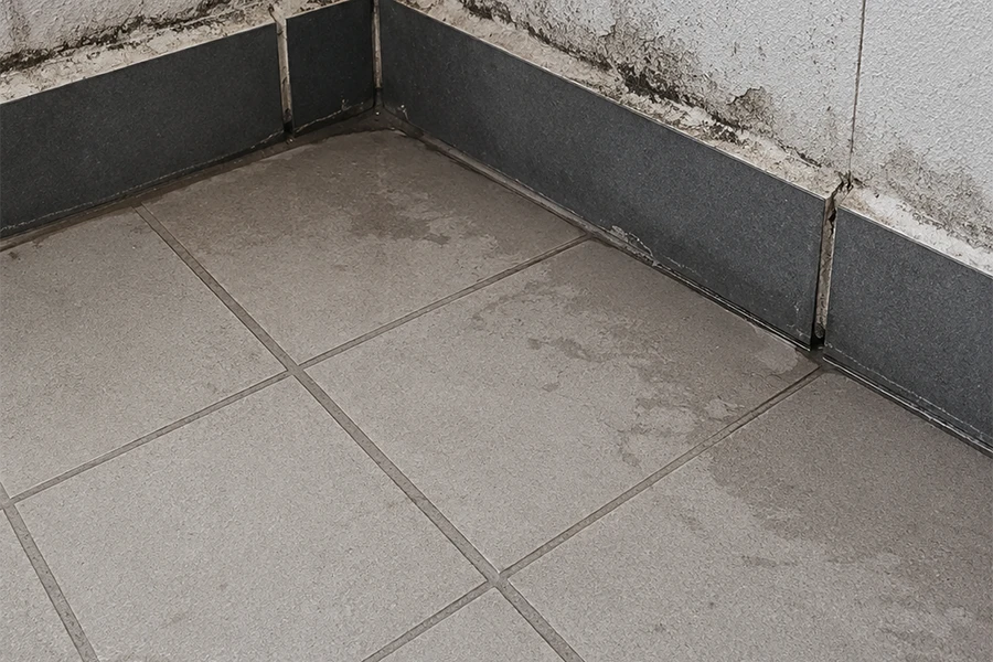 Balcony leak repair Johannesburg image showing damp wall junction where balcony floor and wall meet