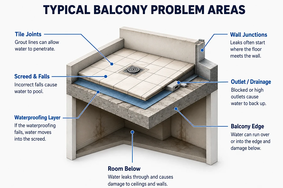 Balcony waterproofing Johannesburg diagram showing tile joints, screed falls, waterproofing layer, wall junctions, drainage outlet, balcony edge and room below