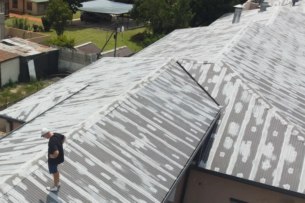 Drone image of commercial roof waterproofing Roodepoort showing main roof fully reinforced before final roof coating