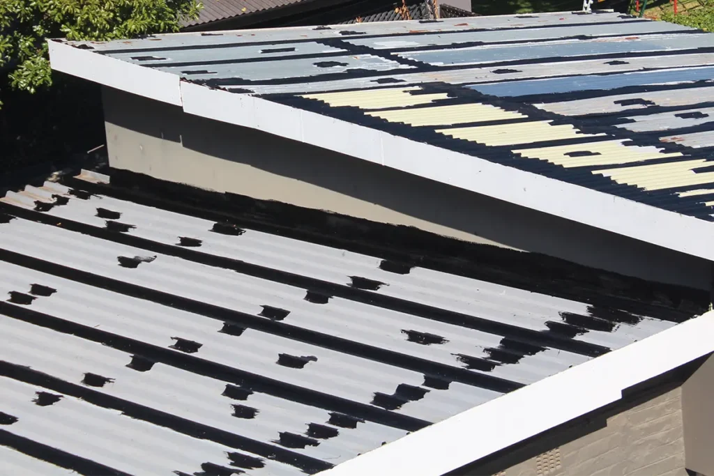 Corrugated roof waterproofing Westcliff cottage roof with reinforced waterproofed fixing points after completion