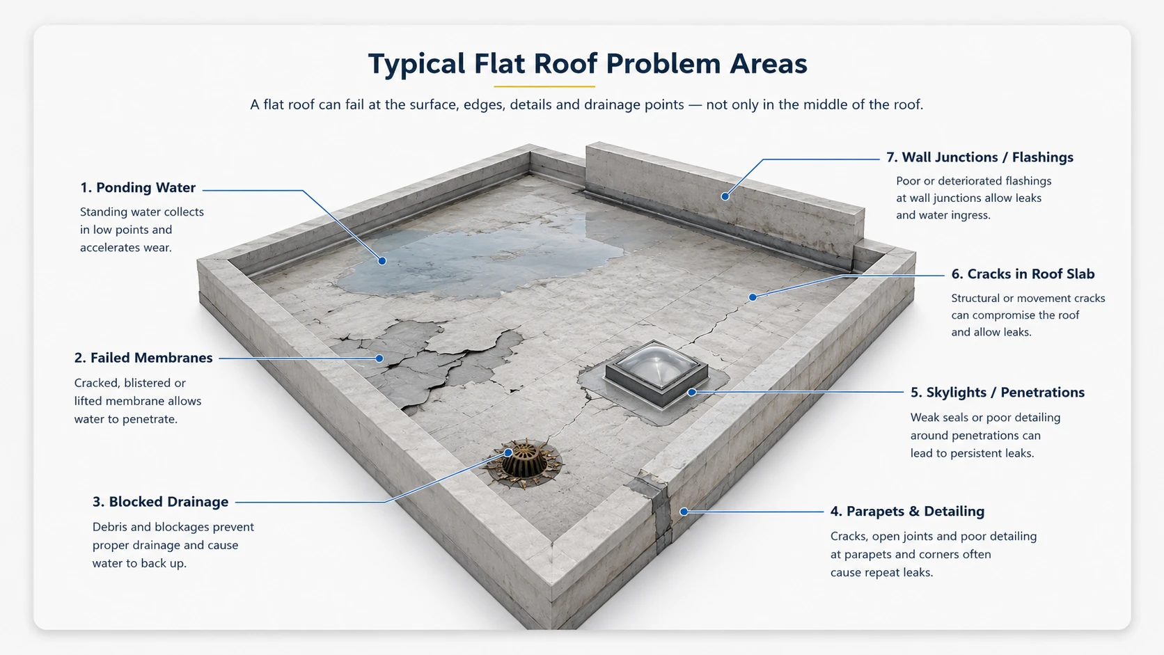 Flat roof waterproofing Johannesburg diagram showing ponding water, failed membranes, blocked drainage, parapets, skylights, roof slab cracks and wall junction leaks.