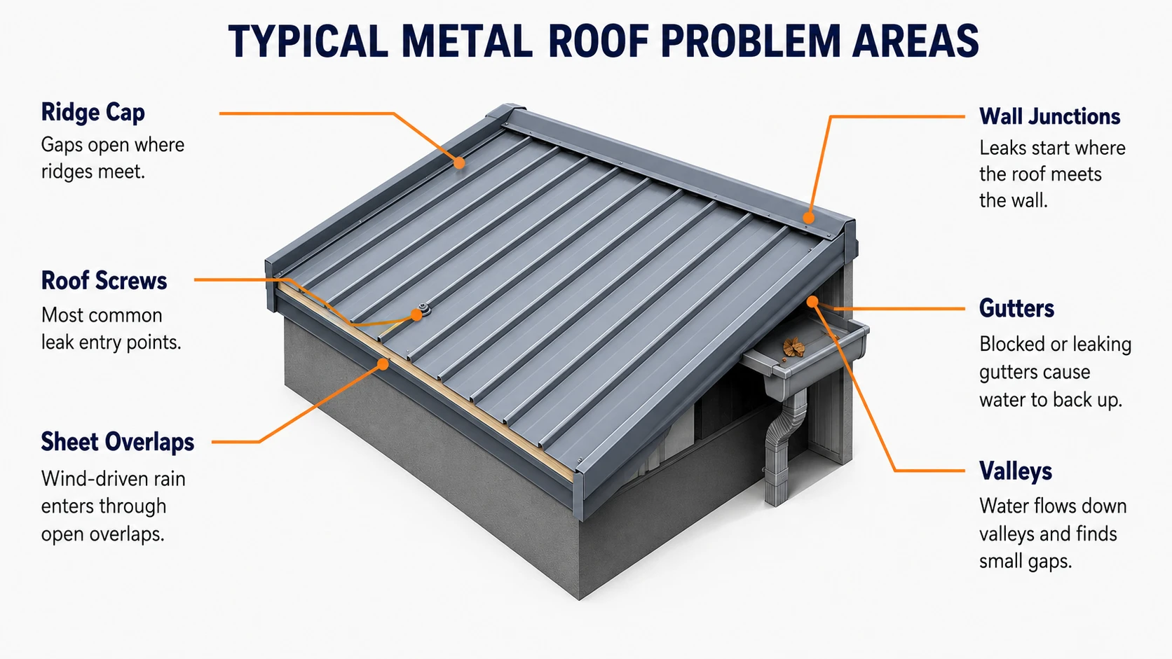 Metal roof waterproofing Johannesburg diagram showing ridge caps, roof screws, sheet overlaps, wall junctions, gutters and valleys as common leak points