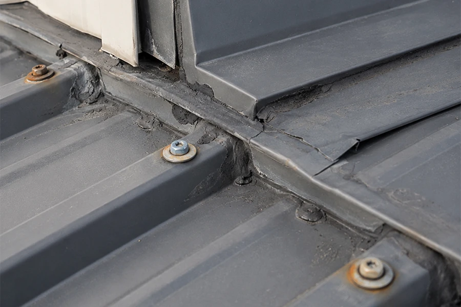 Roof screw leak repair Johannesburg image showing exposed metal roof screws, washers and failed sealing around fixing points