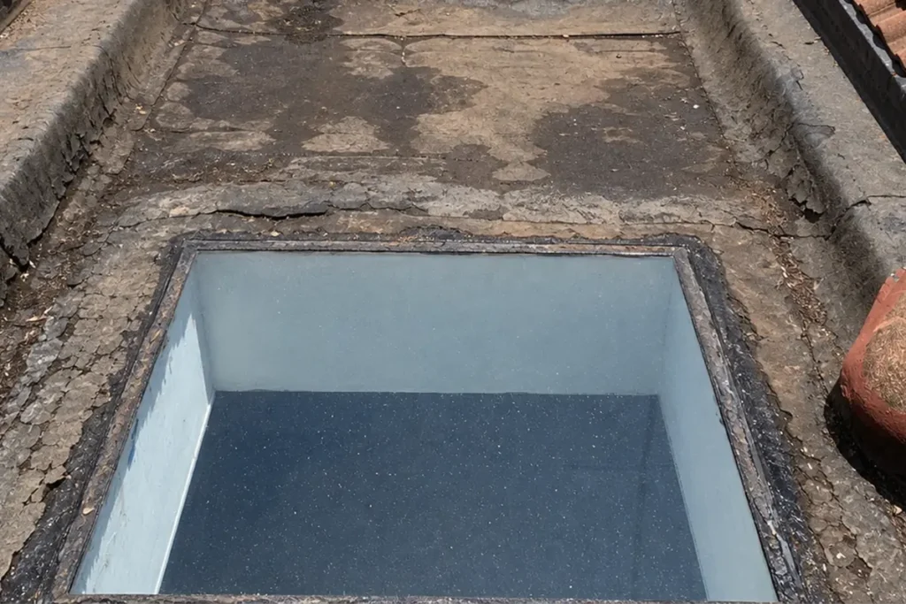 Roof waterproofing Linden before image showing leaking skylight area with aged waterproofing