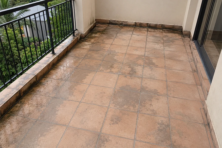 Tiled balcony waterproofing Johannesburg image showing weathered balcony tiles and surface water staining