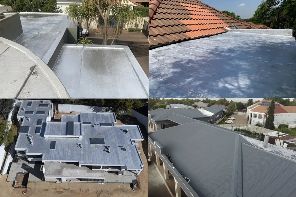 Waterproofing projects Johannesburg collage showing flat roof waterproofing, torch-on roof work, balcony waterproofing and metal roof waterproofing projects