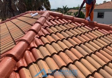 TM Waterproofing painting a tiled roof from the top of the structure.