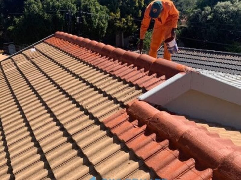 TM Waterproofing painting tiles on a roof as part of tile‑roof restoration.