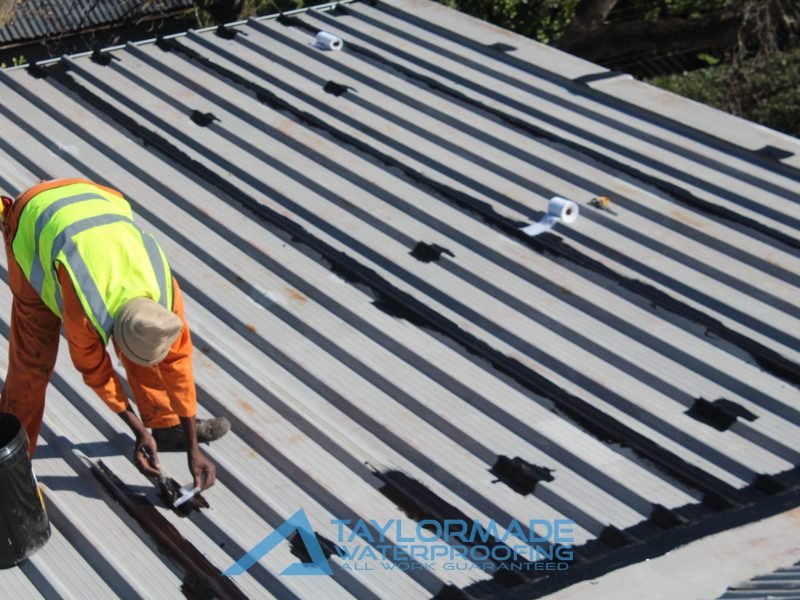 TM Waterproofing painting a corrugated roof with protective coating for durability and weather resistance.