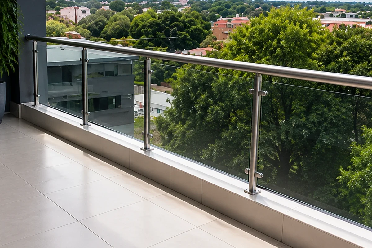 Balcony waterproofing Johannesburg service for a modern tiled balcony with glass railing and outdoor view
